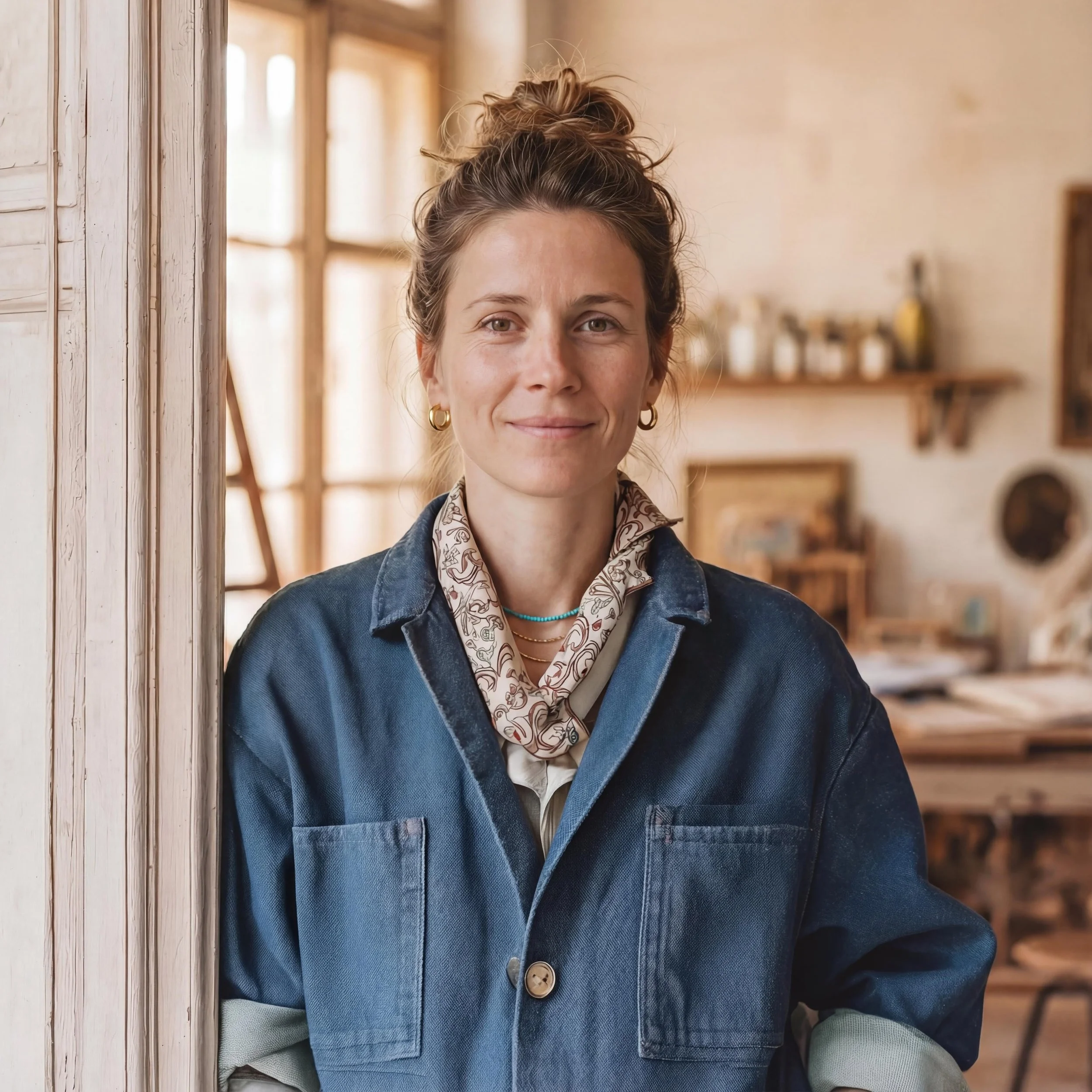 A woman with light skin and brown hair tied up in a messy bun, smiling softly, standing indoors in front of a window with natural light. She is wearing a denim jacket, a patterned scarf, and layered necklaces, with a cozy, rustic background.