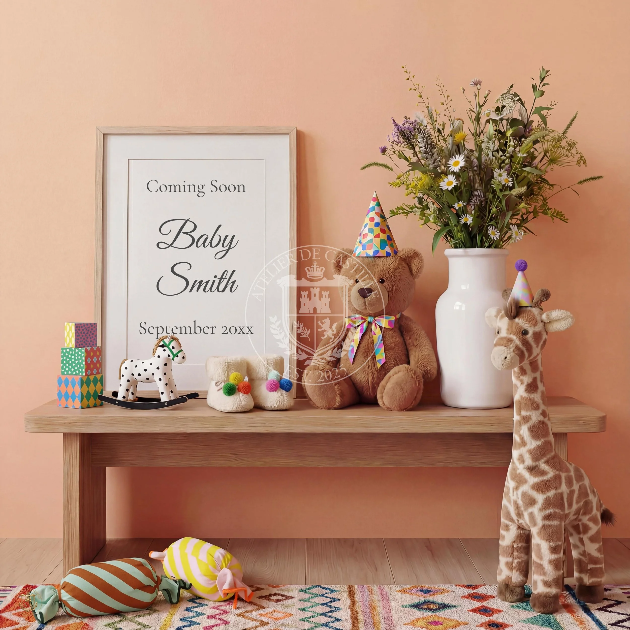 Baby shower decorations with plush toys, gift boxes, and a large vase of flowers against a pink wall. Sign reads 'Coming Soon Baby Smith September 20xx.'