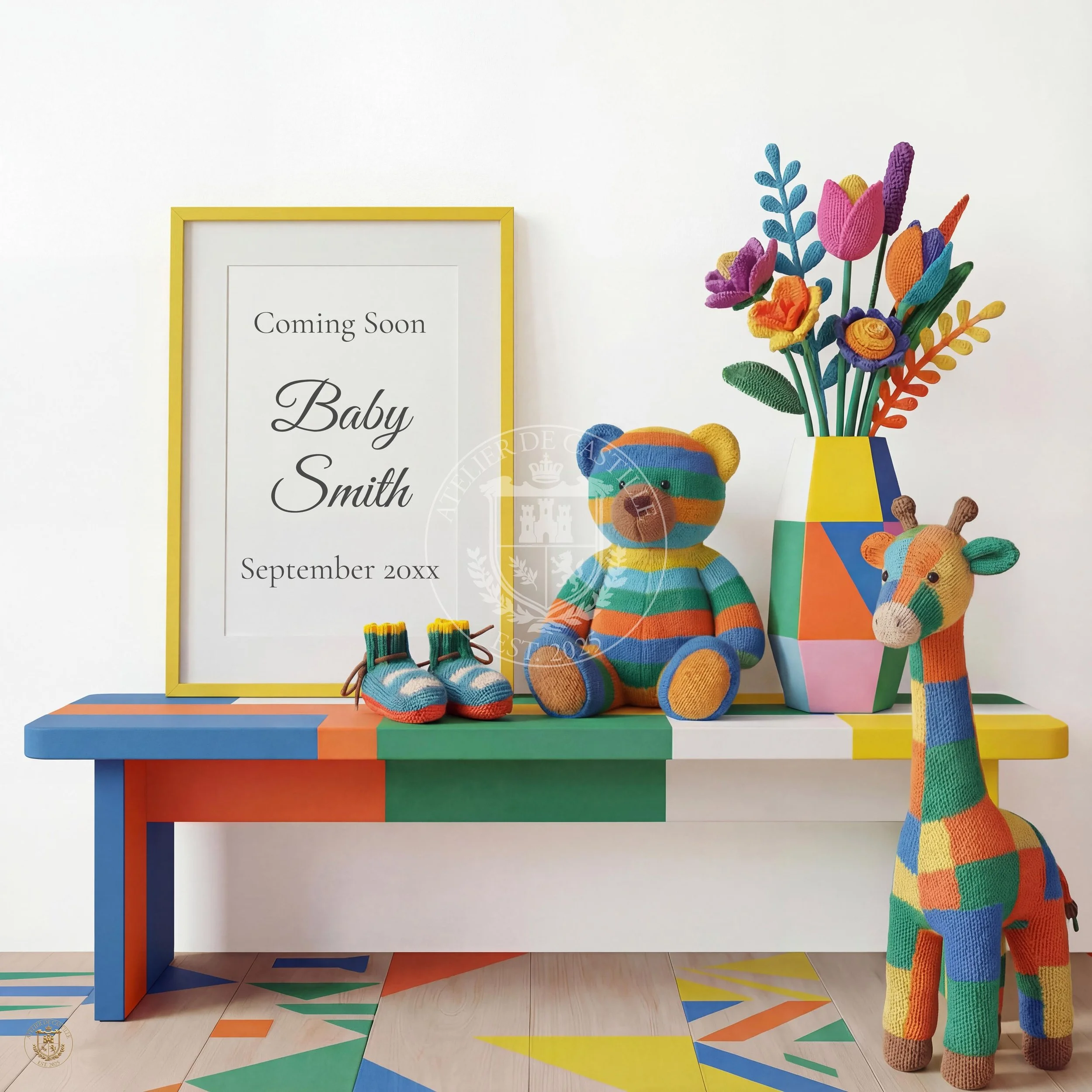 Colorful knitted stuffed animals, including a bear and a giraffe, sit on a multicolored table with a framed announcement for a baby shower, decorated with a vase of vibrant knitted flowers.