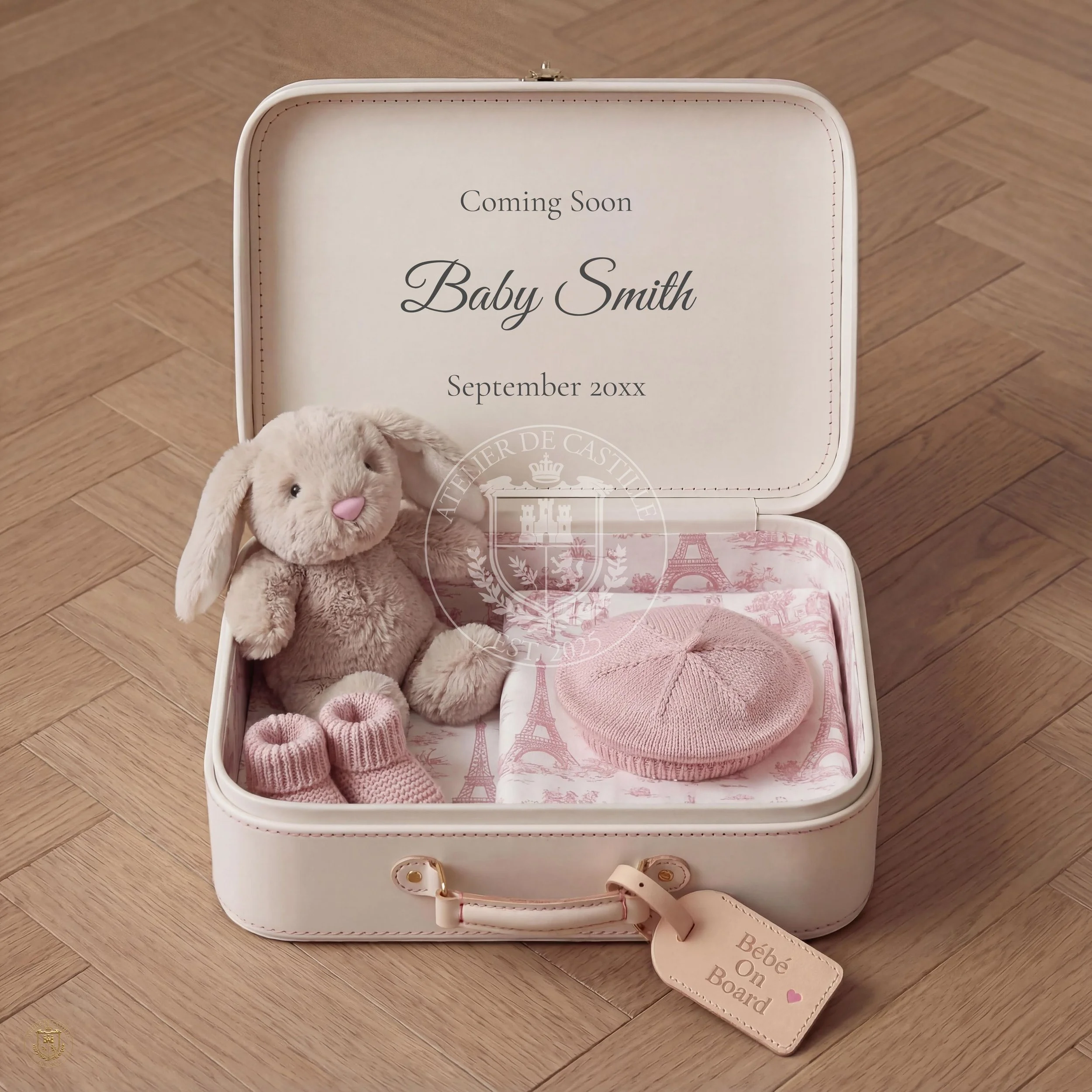 Open white suitcase with pink Eiffel Tower design interior, containing a plush bunny, a pink knit hat, a pair of pink knit socks, and a white card tag reading 'Bébé On Board'. The suitcase lid has text 'Coming Soon Baby Smith September 20xx'.
