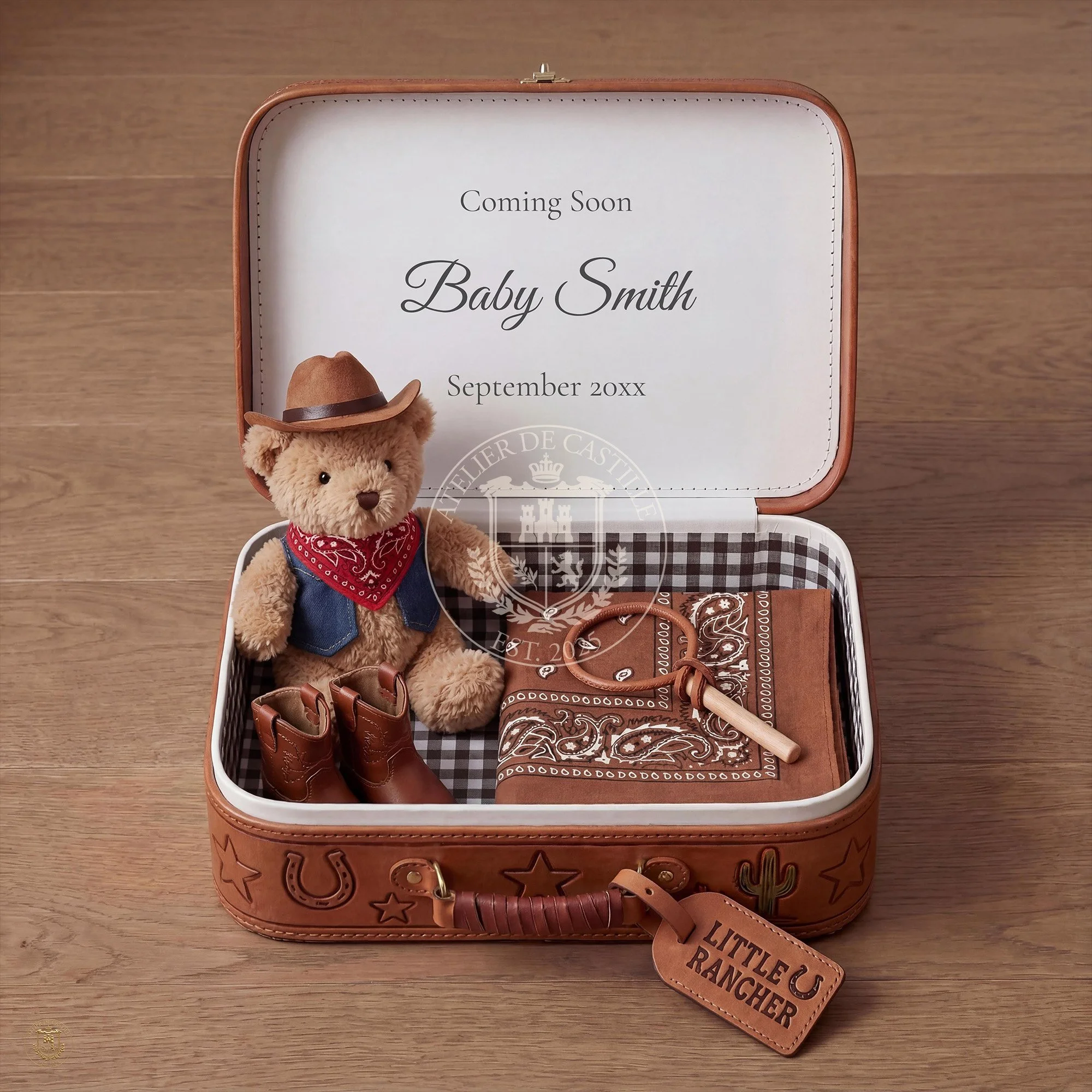 A teddy bear dressed as a cowboy with a hat, vest, and red bandana, sitting inside an open vintage suitcase decorated with western symbols. The suitcase contains cowboy boots, a leather bandana, and a lasso. The interior lid displays an announcement for a upcoming baby named Baby Smith, due in September.