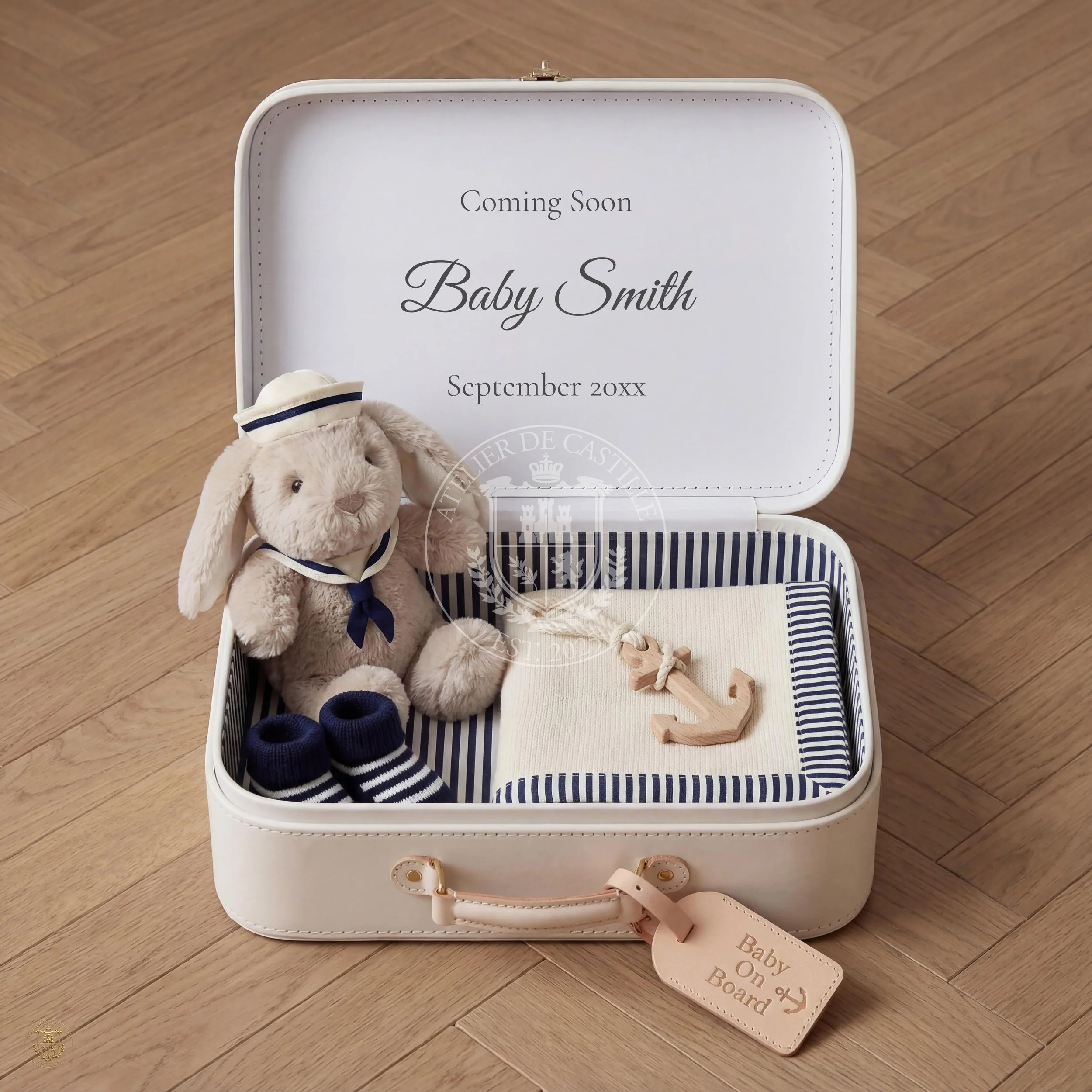 A white suitcase with a Baby Boy announcement inside, containing a plush bunny wearing a sailor hat, a pair of navy striped socks, a white blanket with blue trim, a wooden anchor, and a pink luggage tag that reads "Baby On Board."