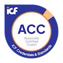 Logo of the International Coaching Federation ACC, Associate Certified Coach accreditation, featuring a blue circle with the ACC acronym and a gold and white design.