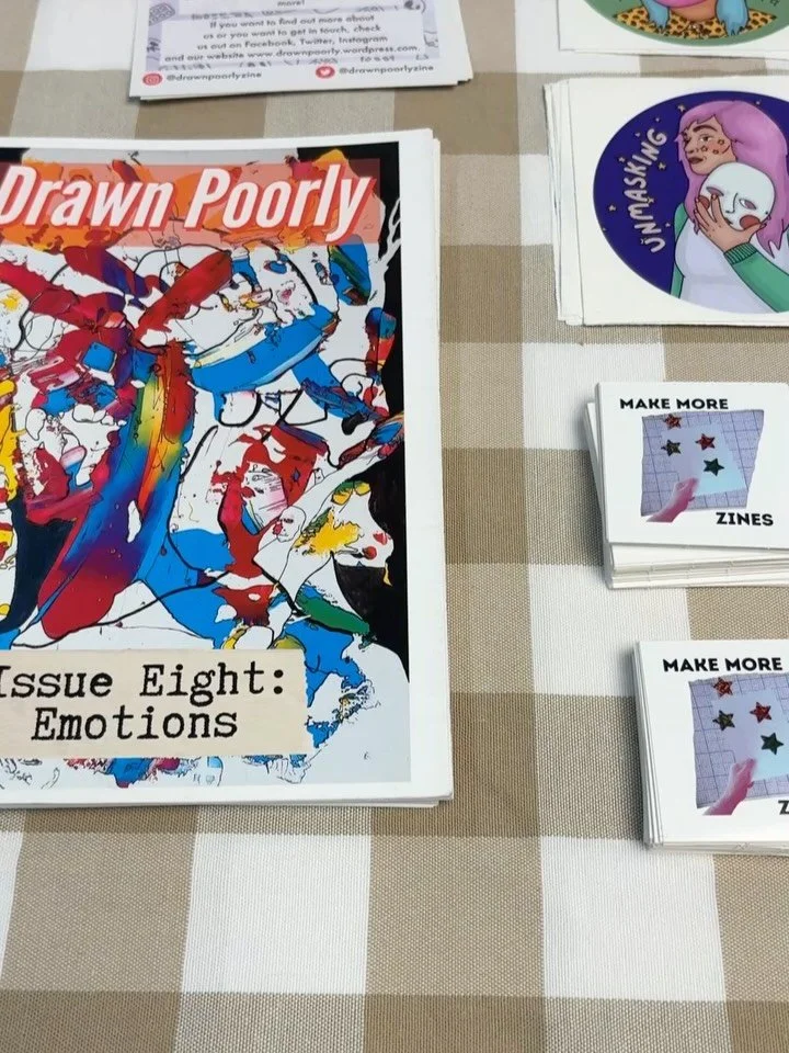 A table sweep from @stockportzinefair 🩵. If you&rsquo;d like  to order any zine bits before Christmas. Last day of posting will be Friday 19th December 🌟. 

Swipe for small sparkly stickers that didn&rsquo;t make it in time for the fair 💖. Gluesti