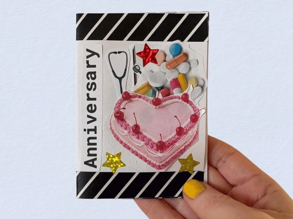 A zine about sickness anniversaries 💚🎂 

Alt text: 
Image 1: Hand holding a mini zine called &lsquo;Anniversary&rsquo; with images of a cake, stethoscope, and stars.
Image 2: Second and third page of zine. On the left, a cartoon of Snoopy and Charl