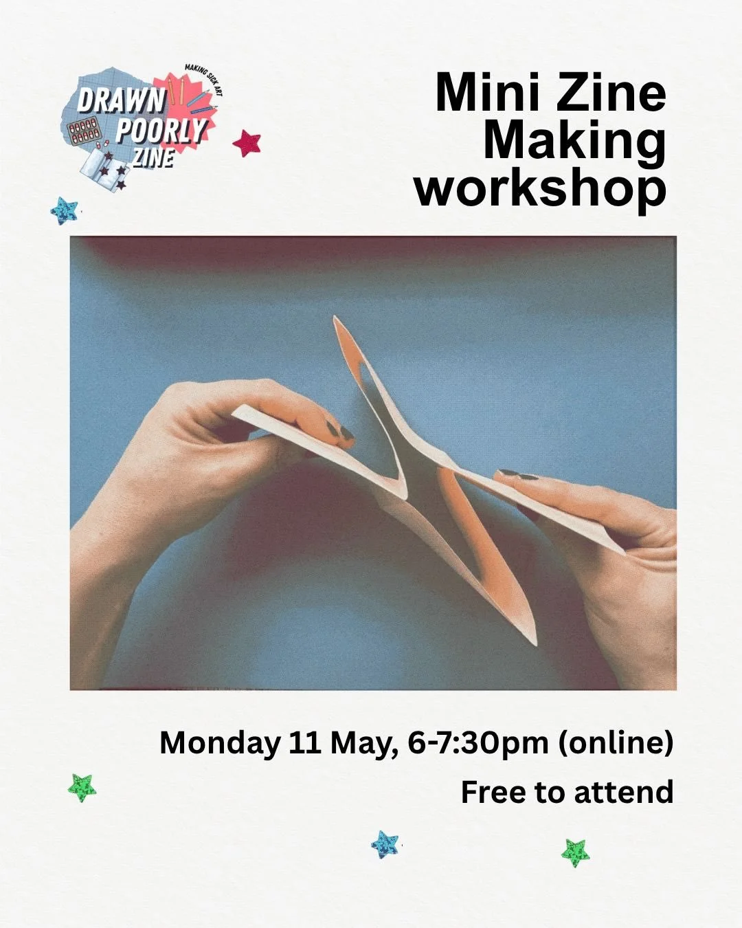 Hello! I&rsquo;m running a mini zine making session on Monday 11 May 6-7:30pm (GMT)🙏. Suitable for zine makers of all experience levels. 

I&rsquo;ve wanted to run online sessions for a while but haven&rsquo;t secured funding just yet. So this is a 