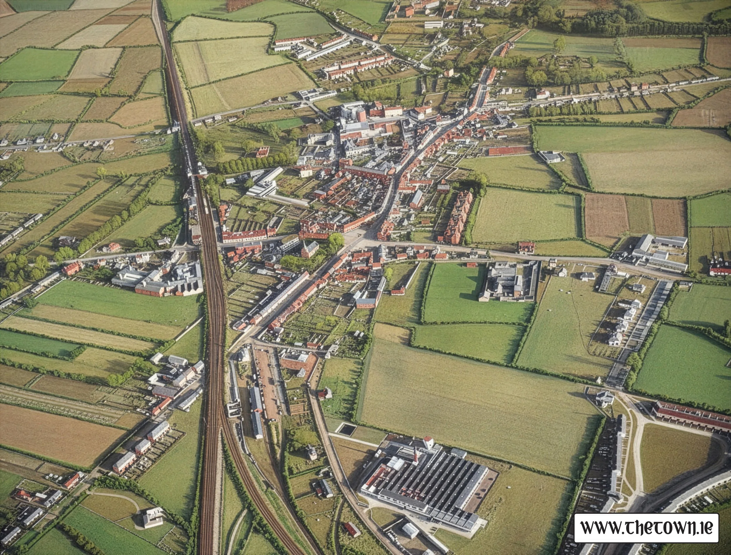 Aerial view of a Portlaoise town with fields, roads, railway tracks, and buildings, including residential, industrial, and commercial structures.