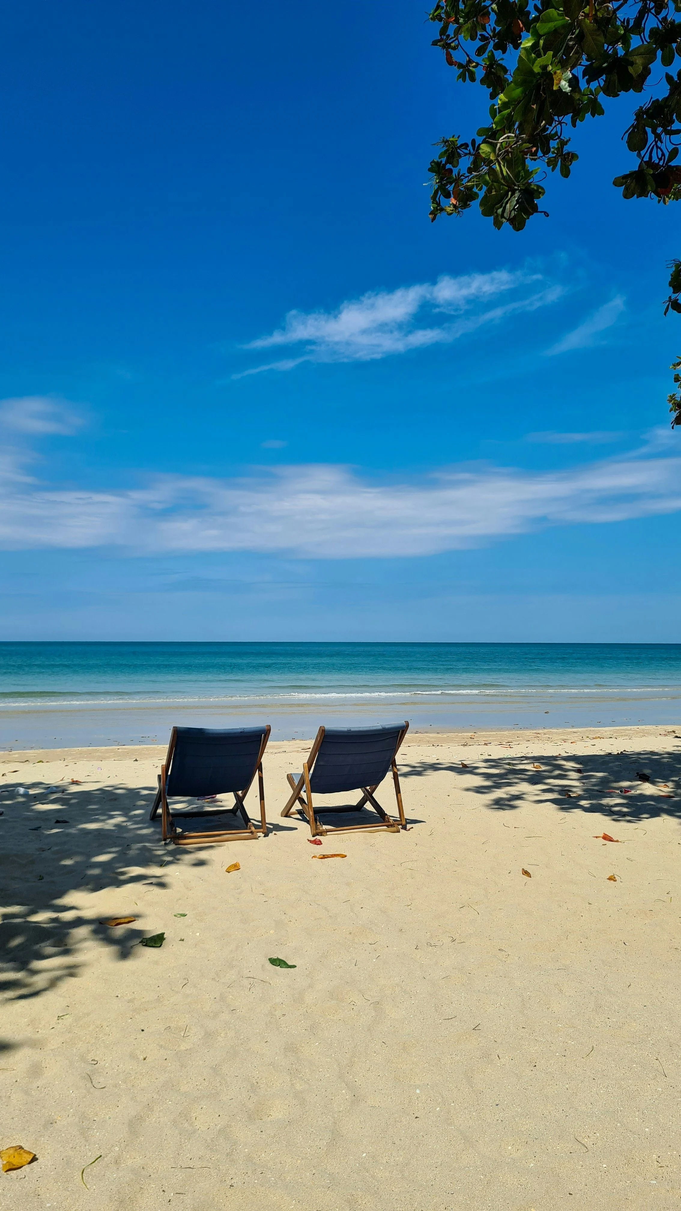 Two beach chairs face the ocean on a sandy beach with blue sky and scattered clouds, shaded by trees.