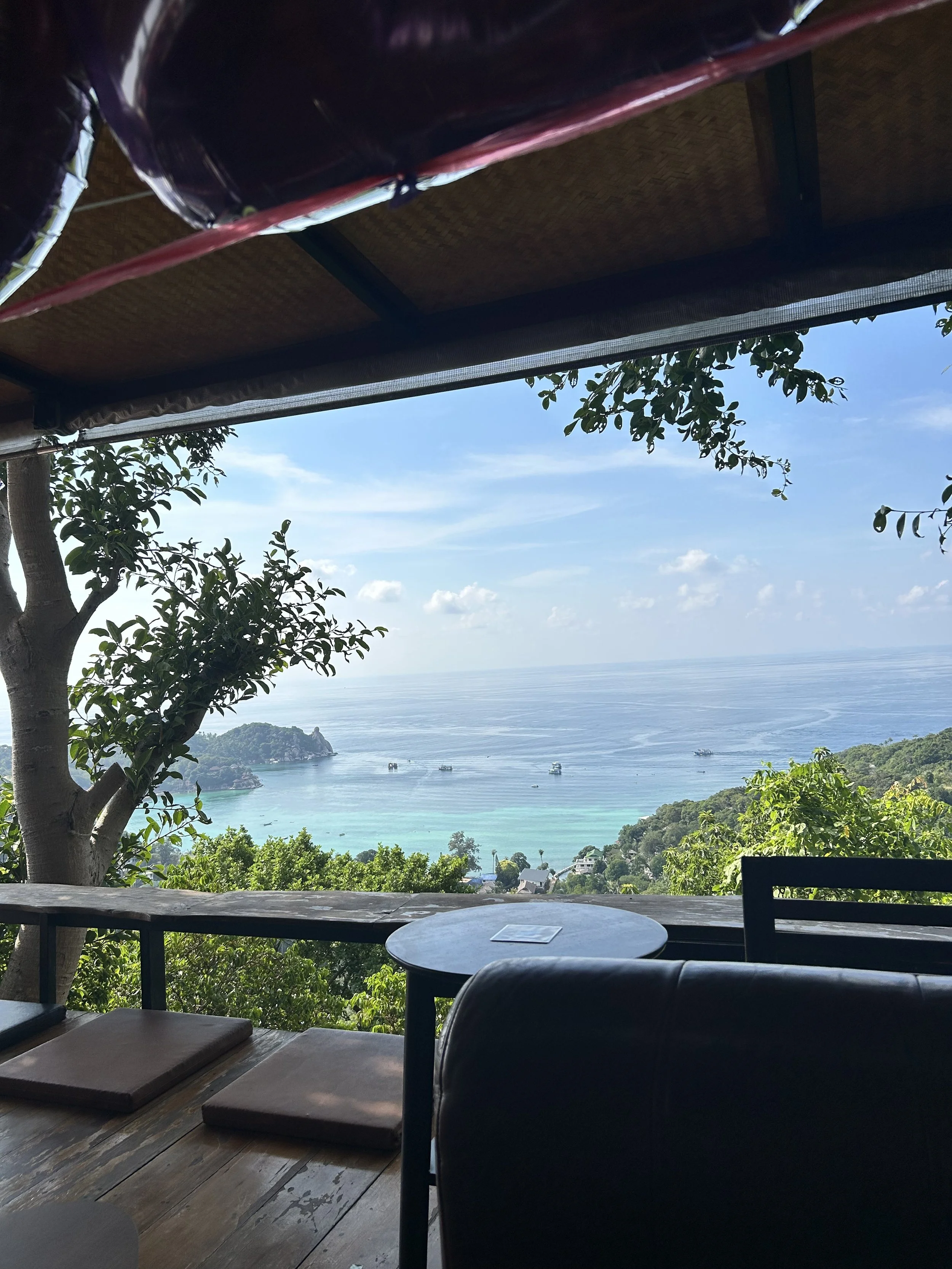 Beach view from a shaded outdoor seating area with wooden flooring, trees, and a table.