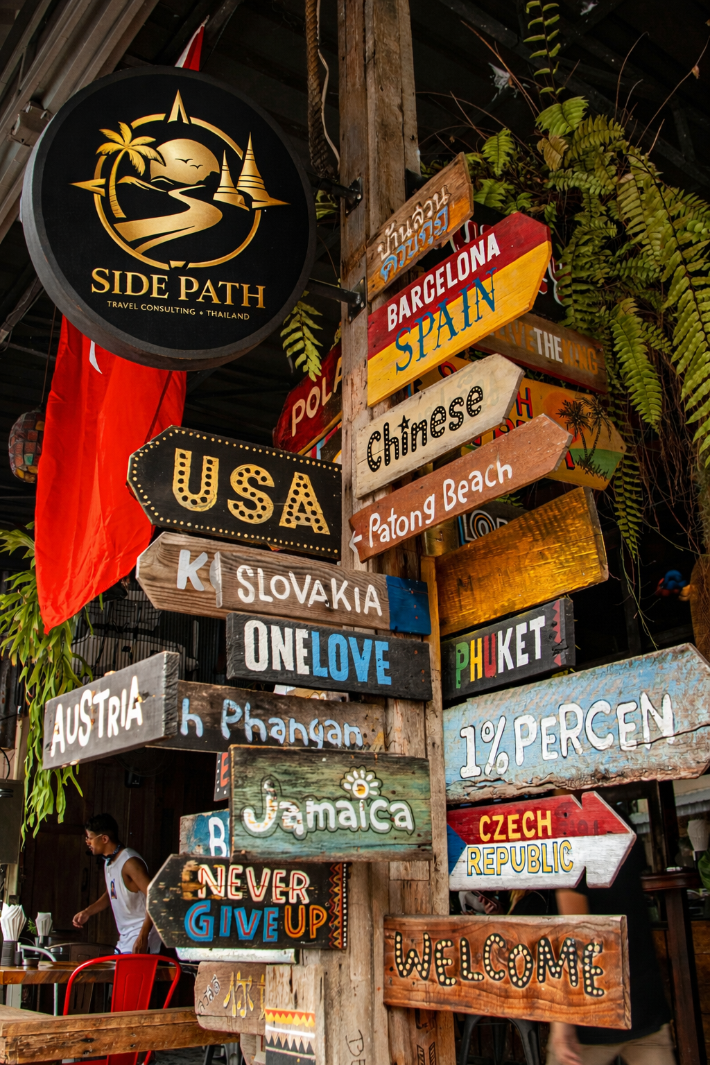 Colorful wooden signs displaying country names, phrases, and travel references hang from a wooden post at a travel-themed location. The signs include 'USA,' 'Slovakia,' 'Jamaica,' 'Austria,' 'Czech Republic,' and words like 'welcome,' 'never give up,' and phrases referencing travel destinations such as 'Barcelona, Spain,' 'Patong Beach,' and 'Phuket.' There is a large black circular sign with a sunset, palm trees, and text 'Side Path Travel Consulting Thailand.' Some people are visible in the background.