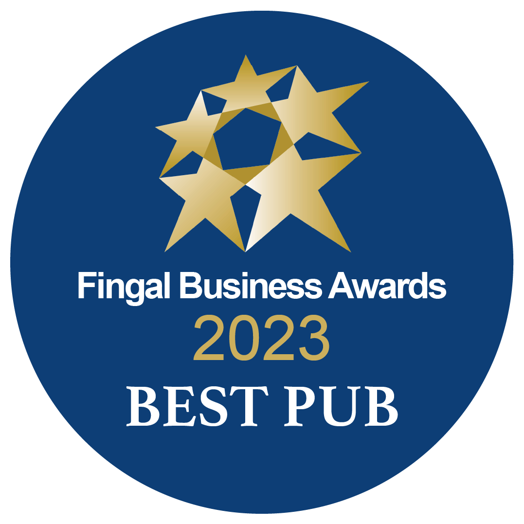 Fingal Business Awards 2023 badge with gold stars and dark blue background, recognizing the best pub.