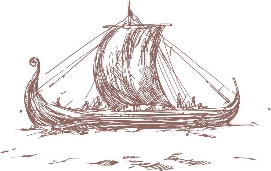 Illustration of an ancient sailing ship with a dragon-shaped bow, sailing on water.