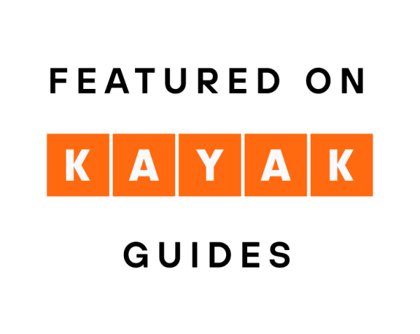 Image featuring text that says "Featured on Kayak Guides" with the word 'Kayak' highlighted in orange blocks.