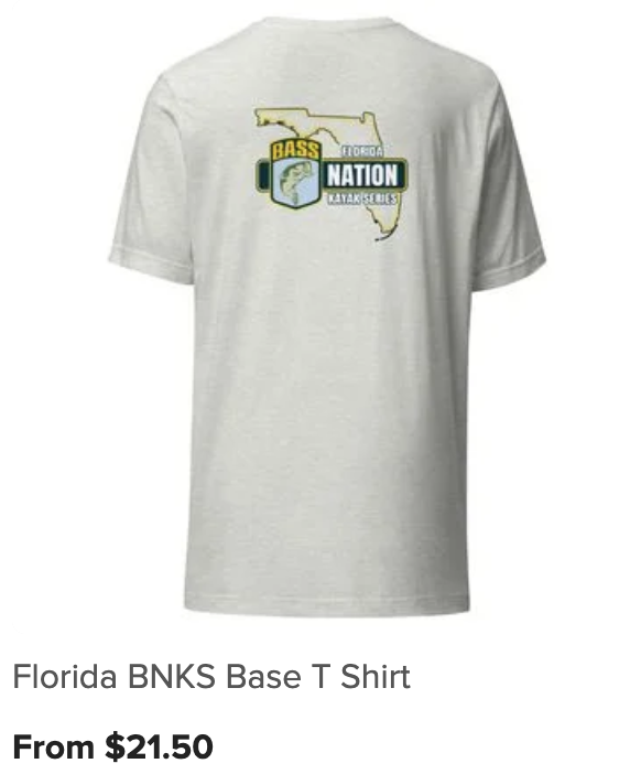 Gray T-shirt with a Florida map outline and a logo that says 'BASS NATION Florida Kayak Series' in front of the map.