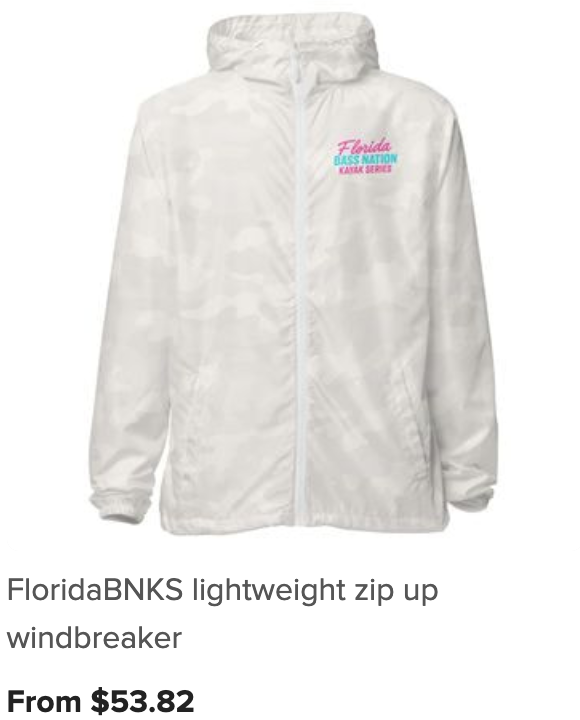 White lightweight zip-up windbreaker jacket with a hood, featuring colorful embroidered text on the front that reads "Florida BASENATION KAYAK SERIES."