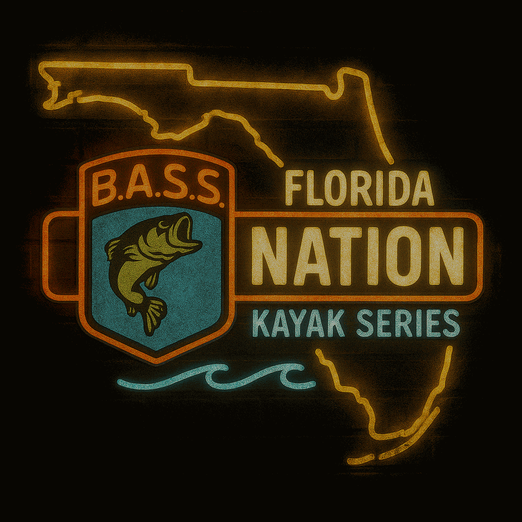 Neon sign with outline of the state of Florida, text 'B.A.S.S. Florida Nation Kayak Series', a fish, water waves, and a fishing hook.