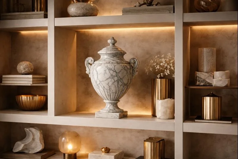 Marble urn on a shelf with soft lighting and objet d'art
