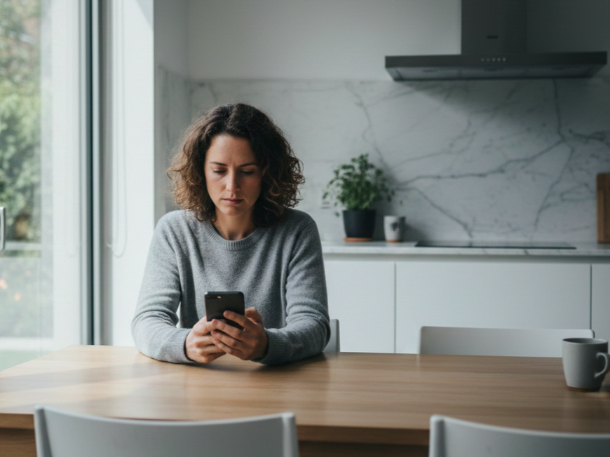 Woman with curly hair sat at a wooden table looking at her phone.