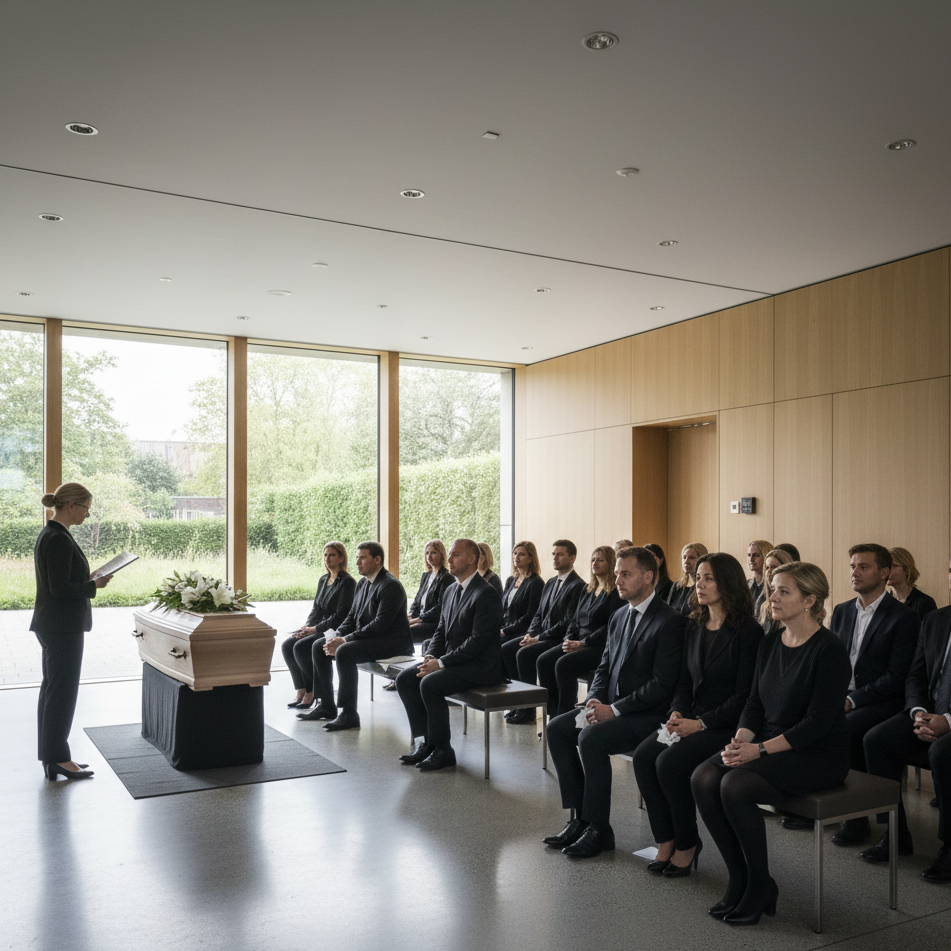 A woman in a black suit standing in front of a casket during a funeral service, with attendees seated in a modern room with large windows overlooking greenery.