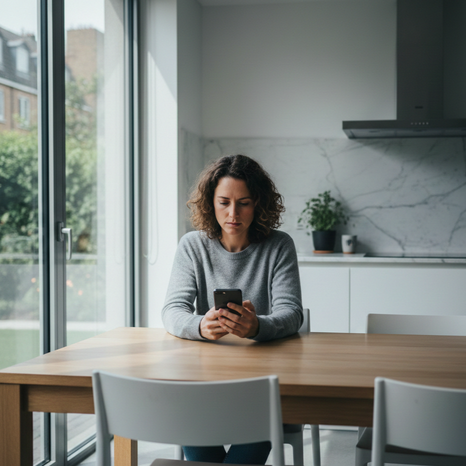 A woman with curly hair sitting at a wooden dining table in a modern kitchen, looking at her phone.