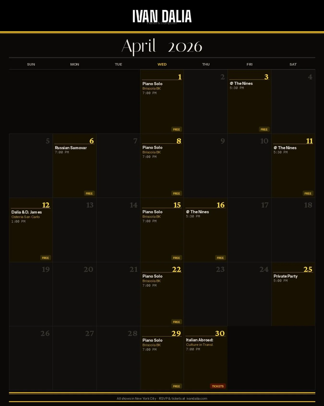 April is packed 🎹 Catch me live across New York City all month long &mdash; solo piano nights, intimate dinners, and a very special evening on Apr 30 for Italian Abroad: Culture in Translation.
Full schedule + RSVP &rarr; ivandalia.com/events
And if