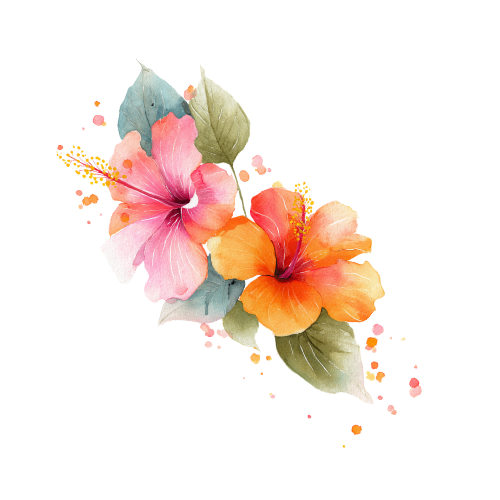 A cluster of colorful hibiscus flowers with pink, orange, and peach petals, and green leaves.