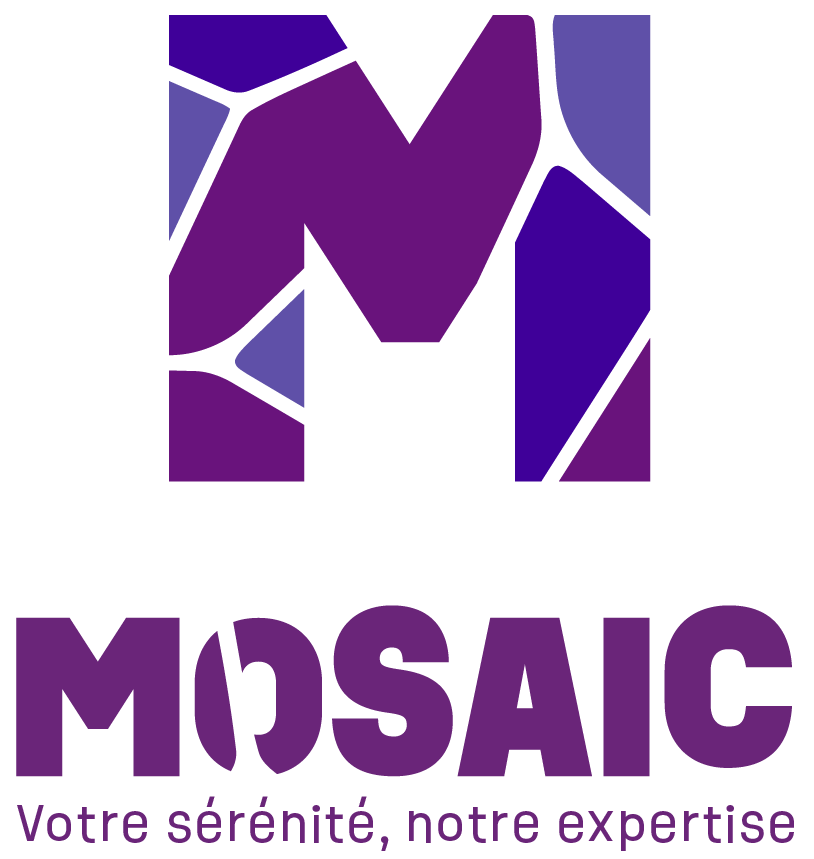 Logo représentant un mosaïque de pièces violettes formant une lettre M, avec le texte "MOSAIC Votre sérénité, notre expertise" en dessous.