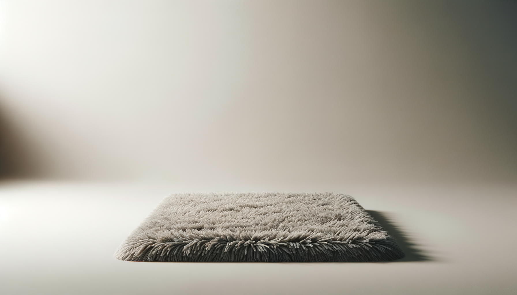 A fluffy rectangular beige rug on a plain light-colored surface with a neutral background.