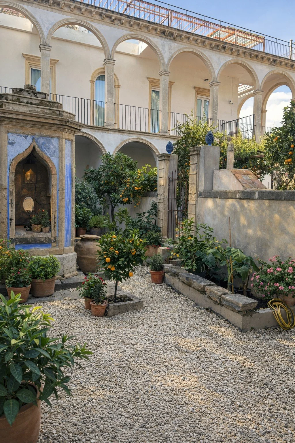A courtyard with potted orange trees, flowering plants, and gravel ground, surrounded by an ornately designed white building with arched windows and a small garden shrine on the left.