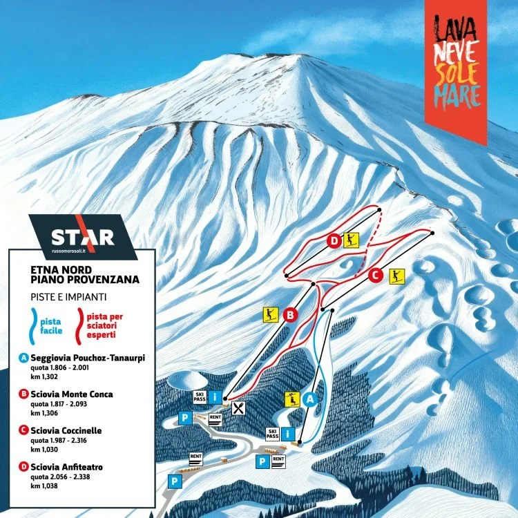 Map of a ski resort on a snow-covered mountain, showing ski trails, lifts, and facilities. Trails are color-coded for skill levels, with red for expert and blue for easy. Ski lifts are marked with yellow icons, parking areas with blue P symbols, and rental shops with black icons. The top of the mountain has a sign with the words 'Lava Neve Sole MARE'.