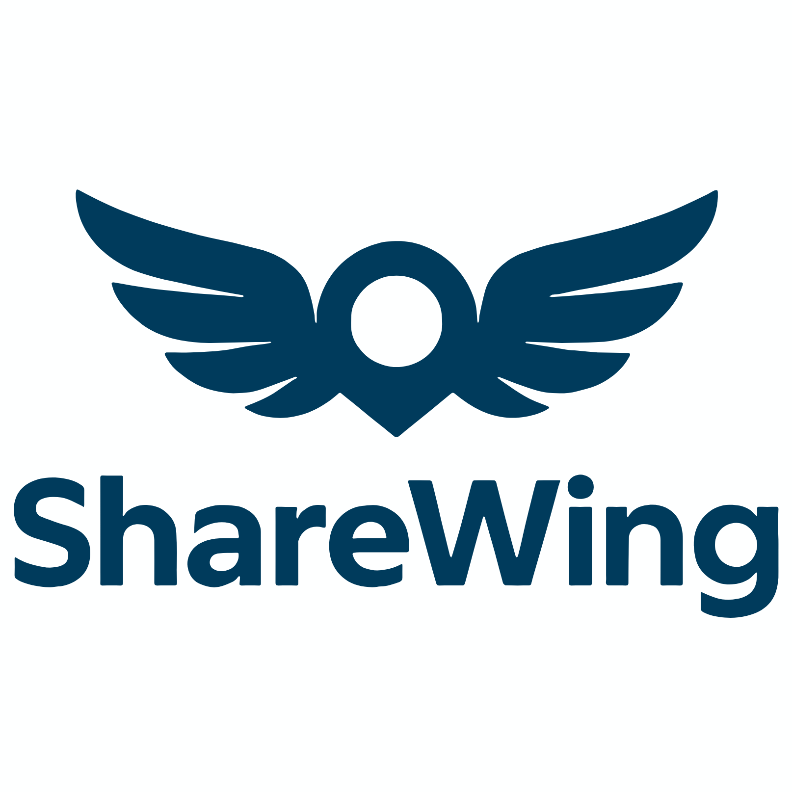 Logotipo azul de ShareWing con alas y círculo en el centro