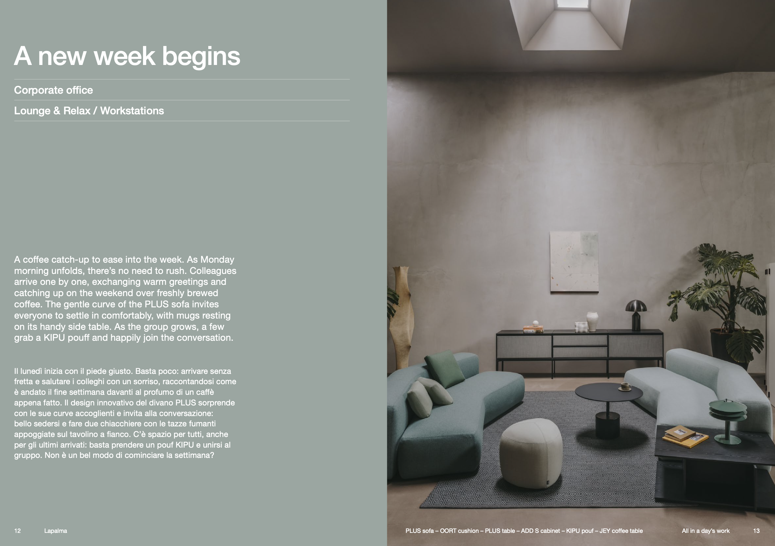 Interno di un moderno salotto con divani color acqua, tavolino rettangolare nero, decorazioni minimaliste e piante verdi in vaso, con soffitto luminoso a soffitto e pareti in cemento.