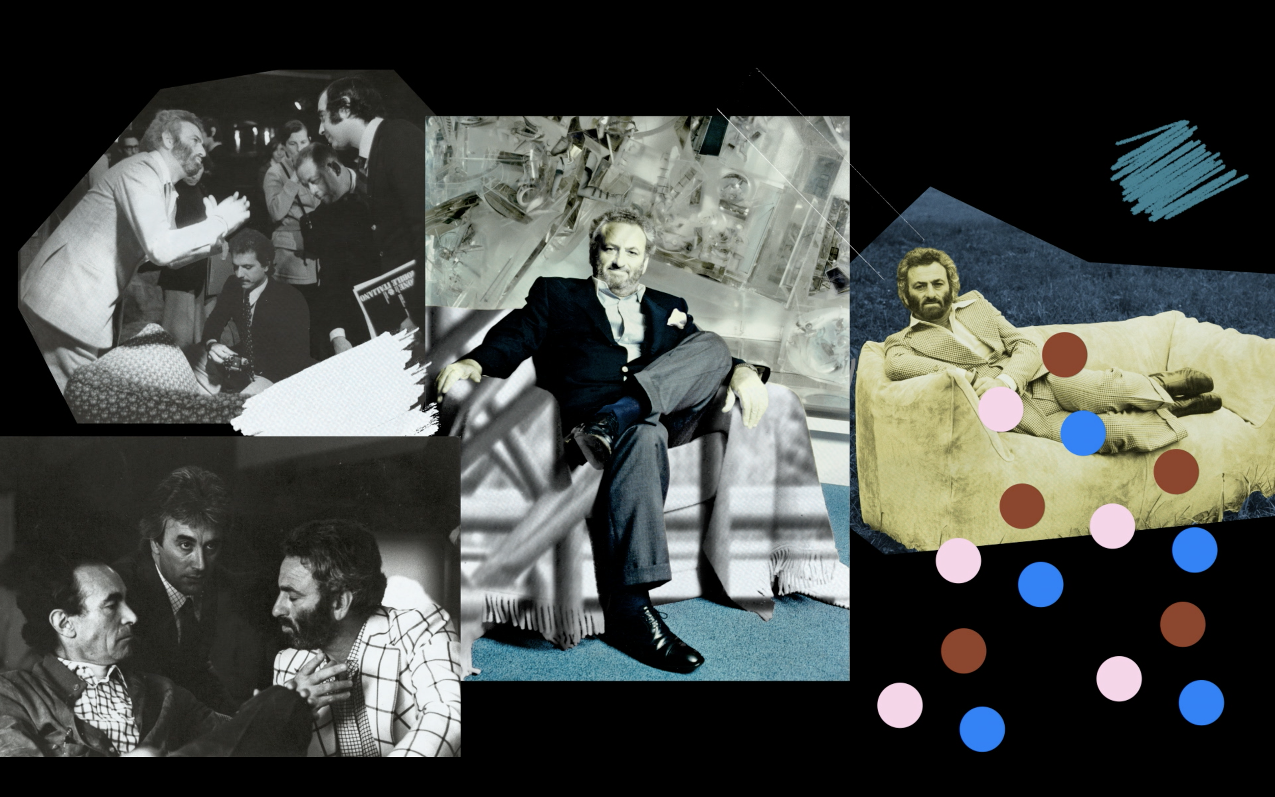 Collage di foto di un uomo con barba e capelli ricci, in diversi contesti e abiti, tra cui seduto su un divano, in riunioni e conversazioni, con colori in bianco e nero e a colori, e elementi grafici astratti sullo sfondo.