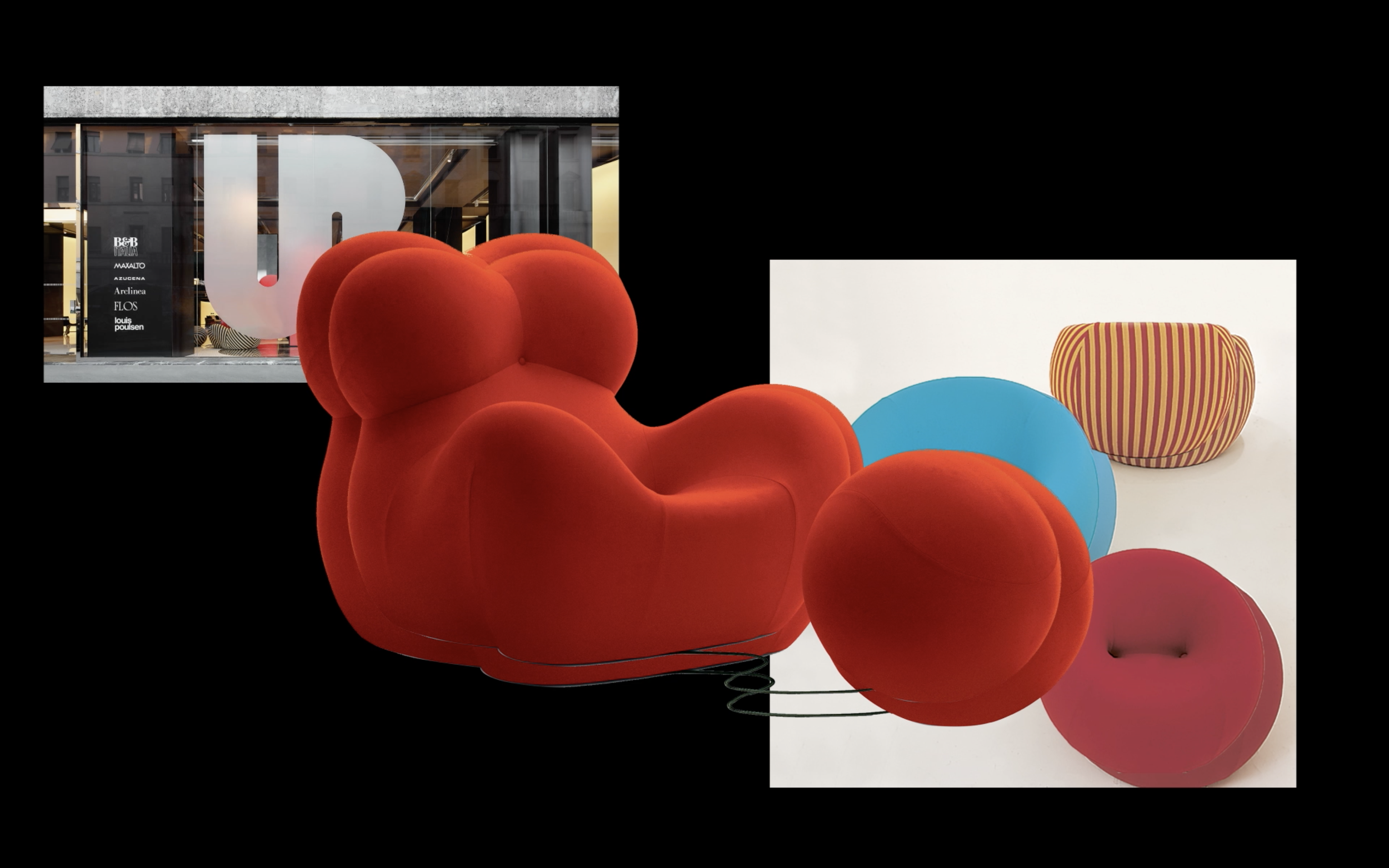 Collage di vari arredi di design, tra cui una grande sedia rosso arancione ondulata, due sfere rosse e una sedia con fantasia a righe, e due immagini di negozi e ambienti interni di moda.