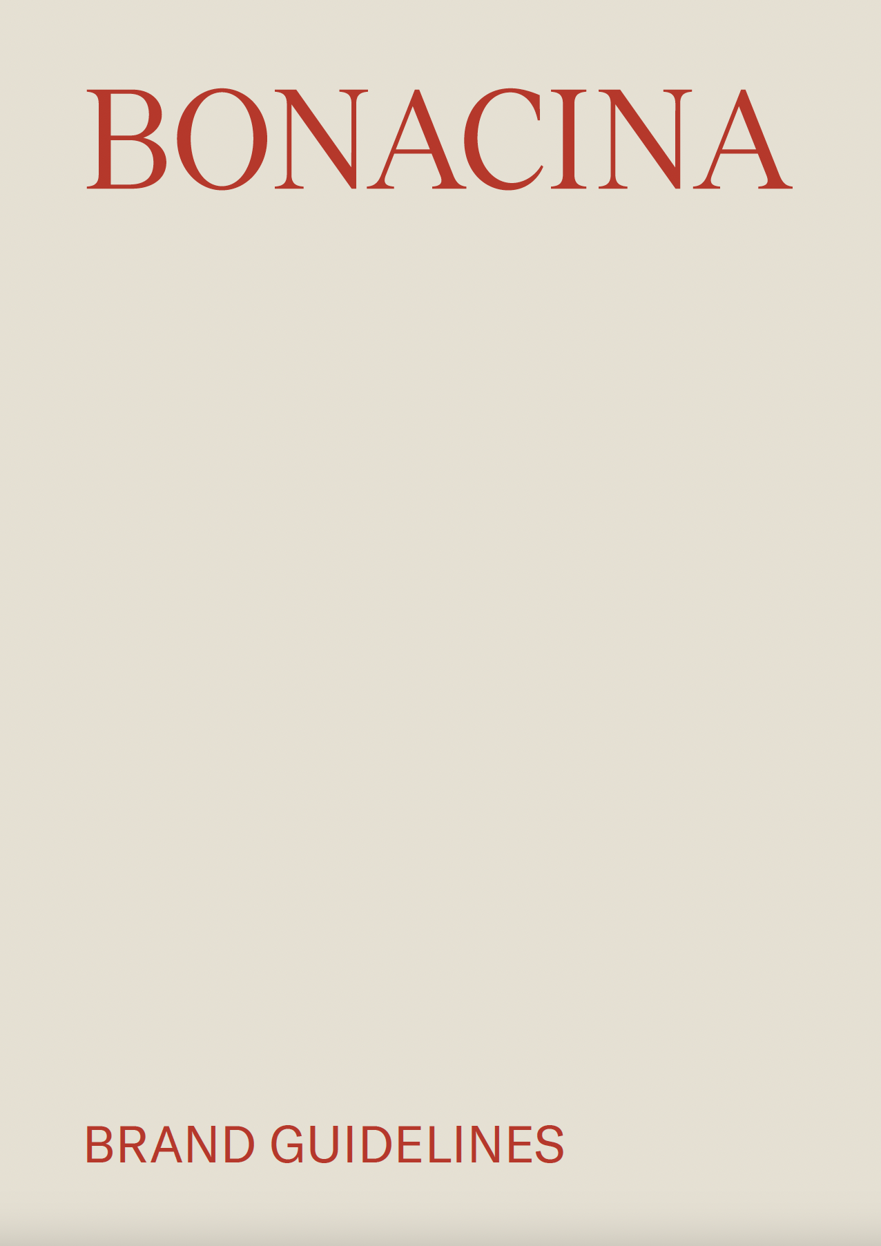 Copertina di un documento con il titolo "BONACINA" e la scritta "BRAND GUIDELINES" in basso, su sfondo beige.