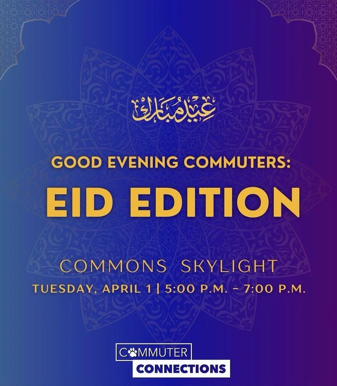 Details of an Eid celebration event including date, time, location, and organizer logo