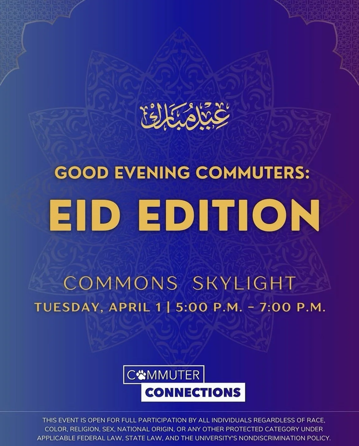 Event flyer for Eid celebration at Commons Skylight on April 1st from 5 to 7 pm, with a purple and blue background and decorative design.