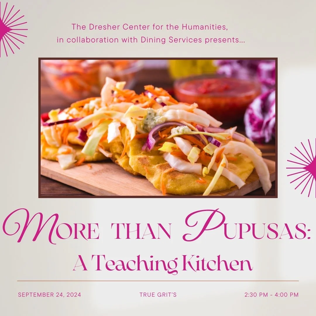 A flyer for an event featuring a large photo of fish tacos topped with shredded cheese, cabbage, and avocado, with bowls of salsa and other ingredients in the background, and event details written in pink and purple text.