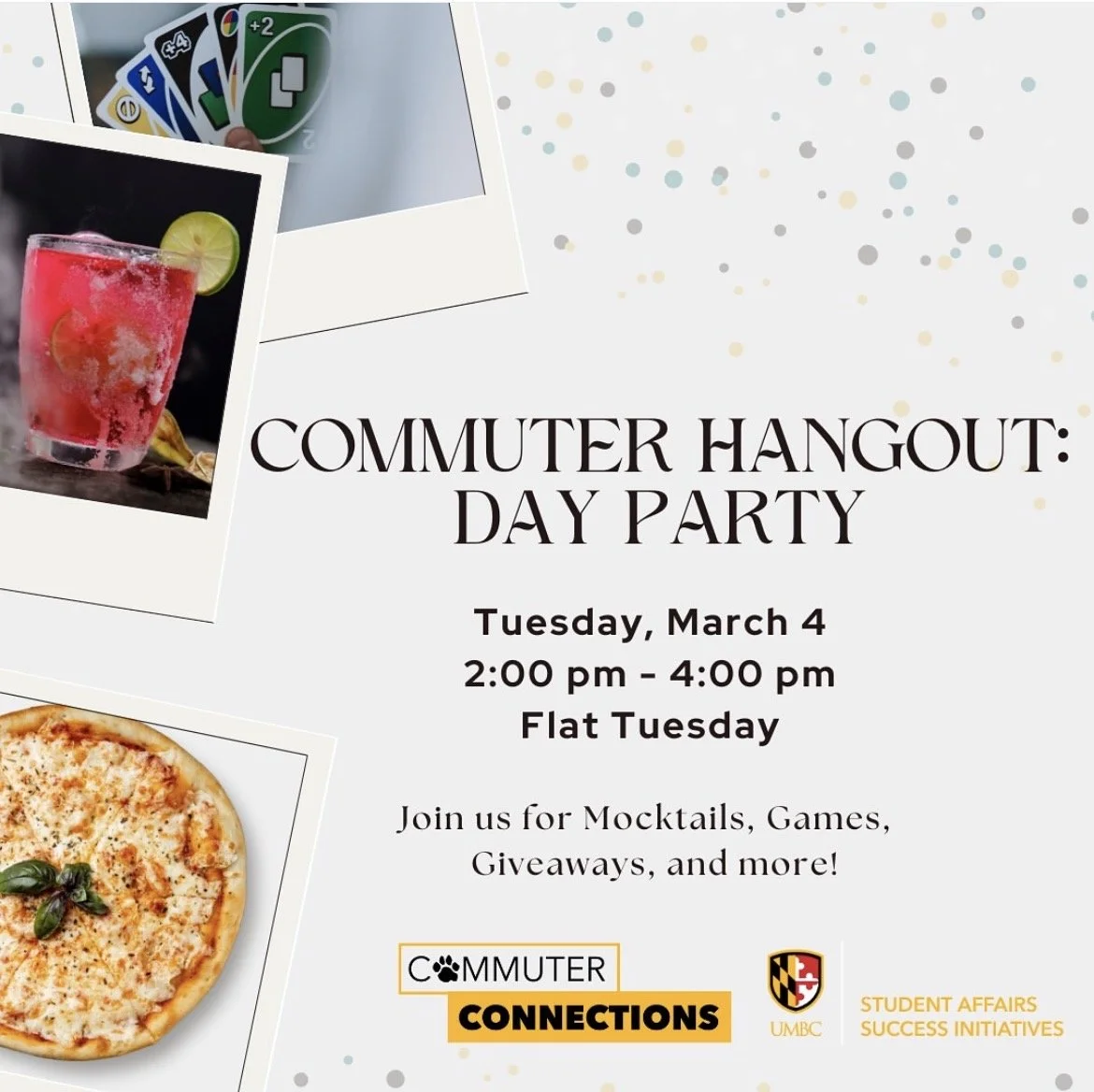 Flyer for a commuter hangout day party on Tuesday, March 4, from 2:00 pm to 4:00 pm, with images of a cocktail, a pizza, and playing cards.