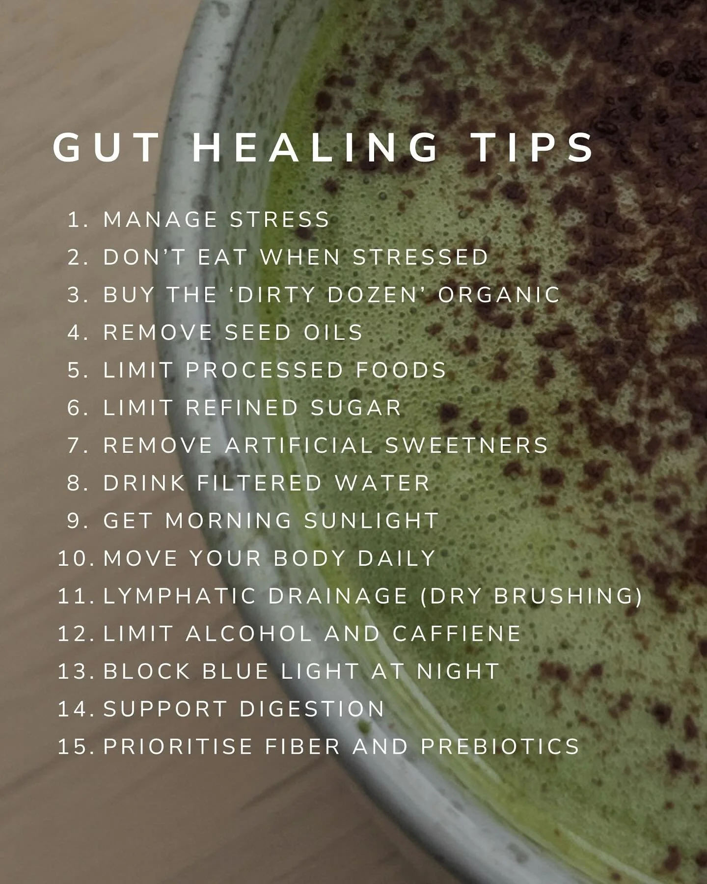 Gut healing tips that transformed my gut health&hellip;

🧘🏼 Manage stress as stress suppresses digestion
🫐 Choose organic for the &ldquo;Dirty Dozen&rdquo; to reduce pesticide exposure
🥑 Limit processed foods, refined sugar and artificial sweeten