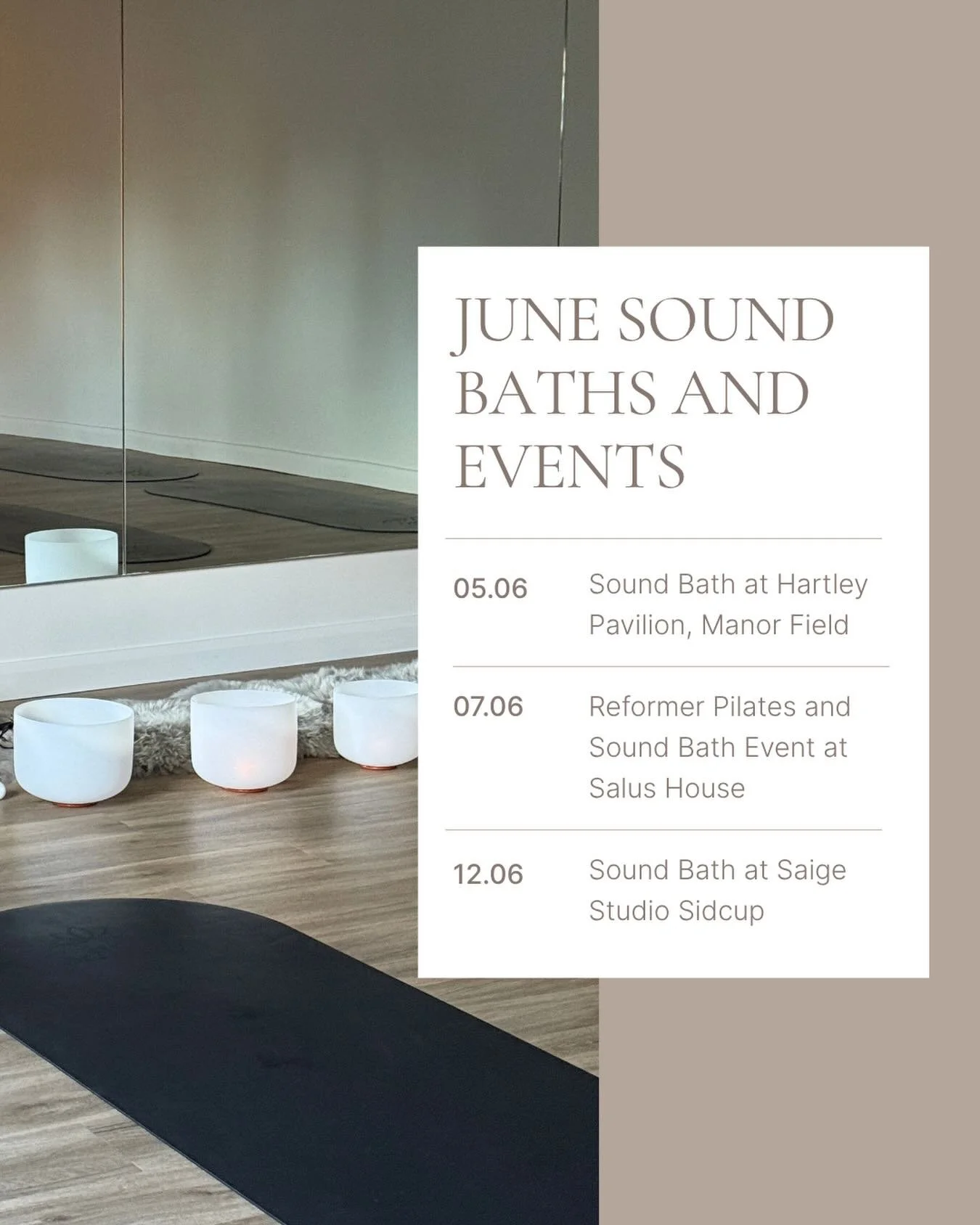 June sound baths and events:

- Friday 5th June - Sound Bath in Hartley

- Sunday 7th June - Reformer Reset event at Salus House in Sidcup - Reformer Pilates, Sound Bath &amp; Magnesium gift

- Friday 12th June - Sound Bath at Saige Studio in Sidcup 