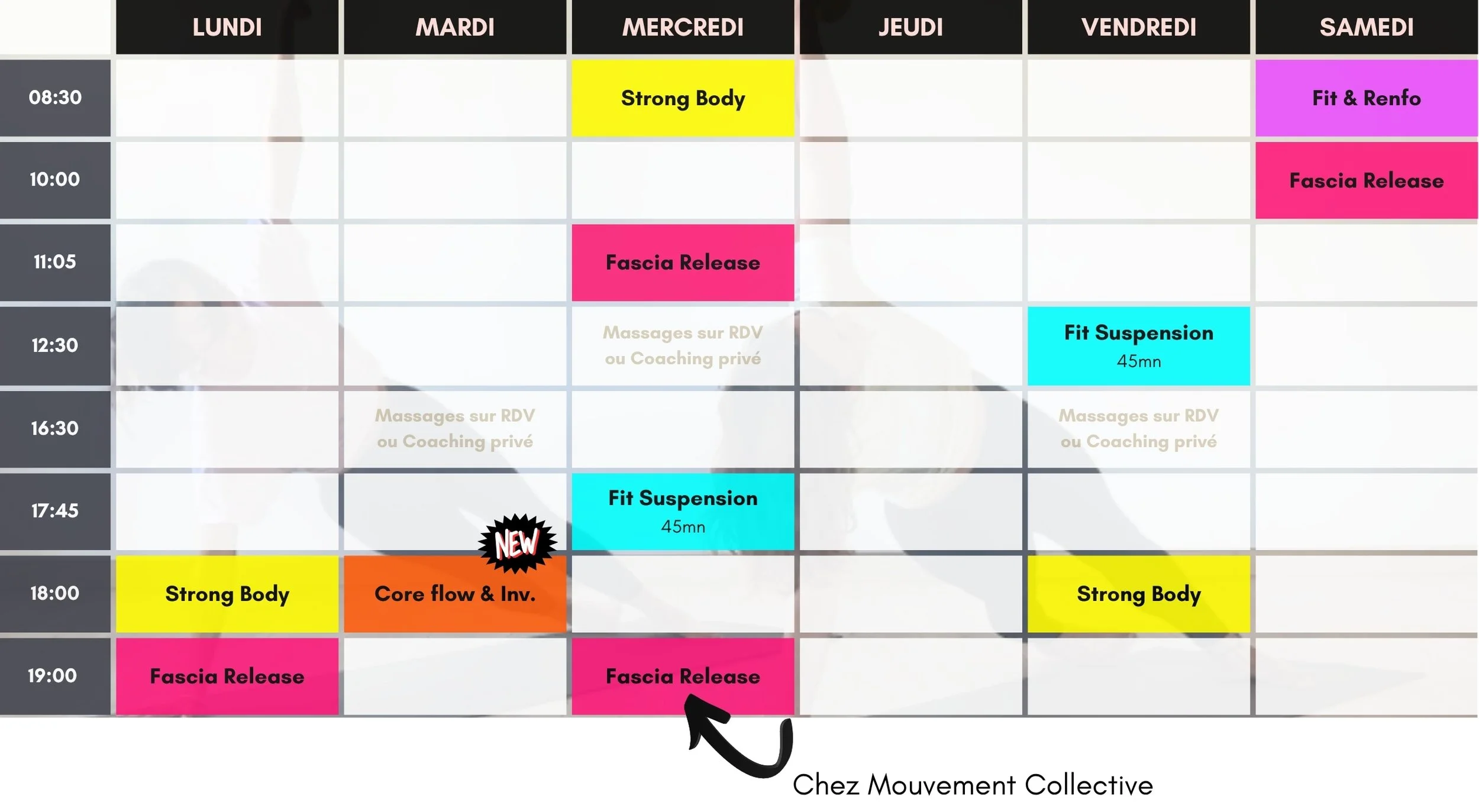 Un emploi du temps hebdomadaire avec différents cours inscrits en couleurs variées, notamment Strong Body le mercredi et le samedi, Fascia Release le mardi, vendredi et samedi, Fit Suspension le jeudi et samedi, ainsi que d'autres activités comme Massage et Coaching privé à différents moments de la journée