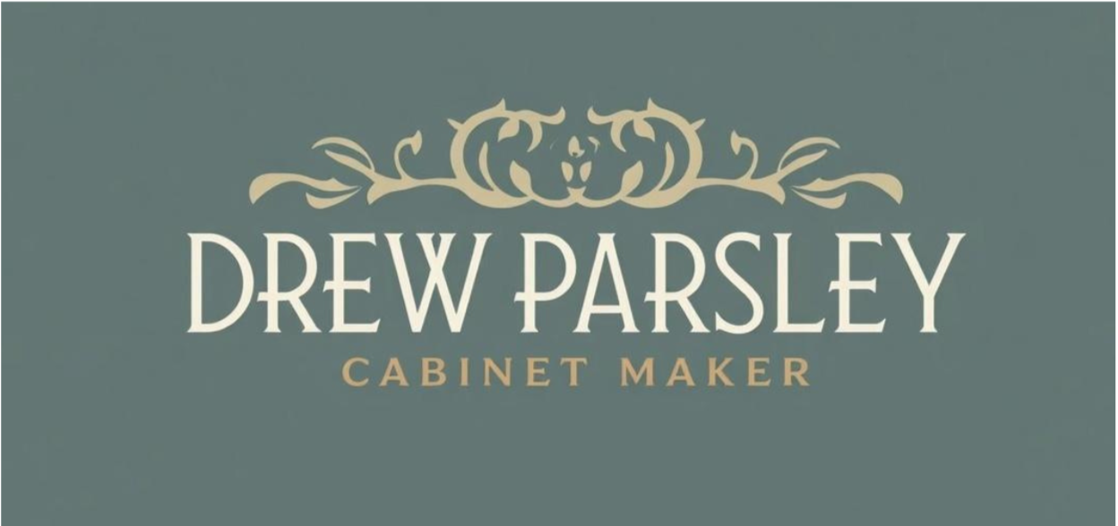 Logo for Drew Parsley Cabinet Maker with decorative design above and text below.