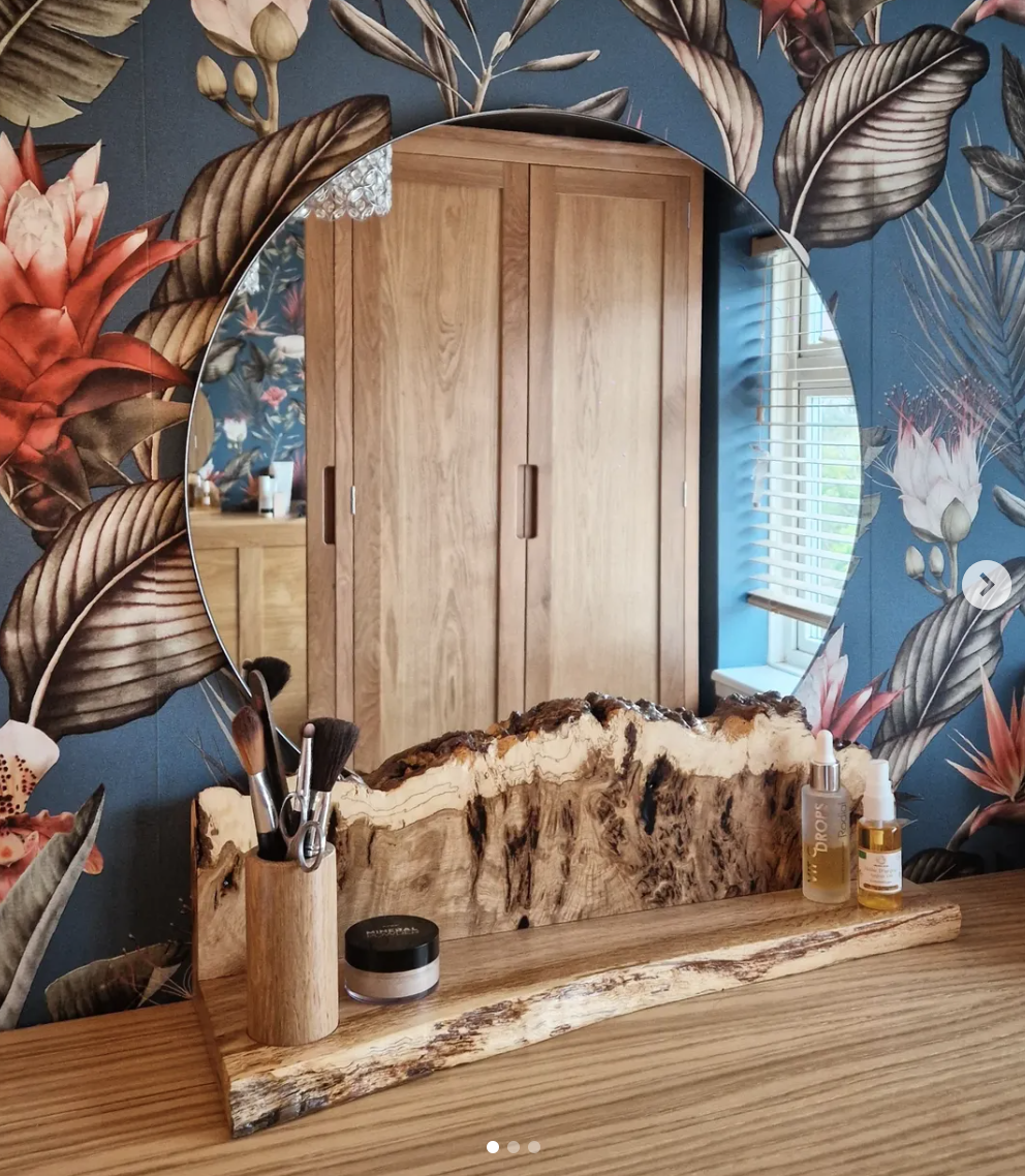 Handmade live-edge wooden mirror stand with circular mirror