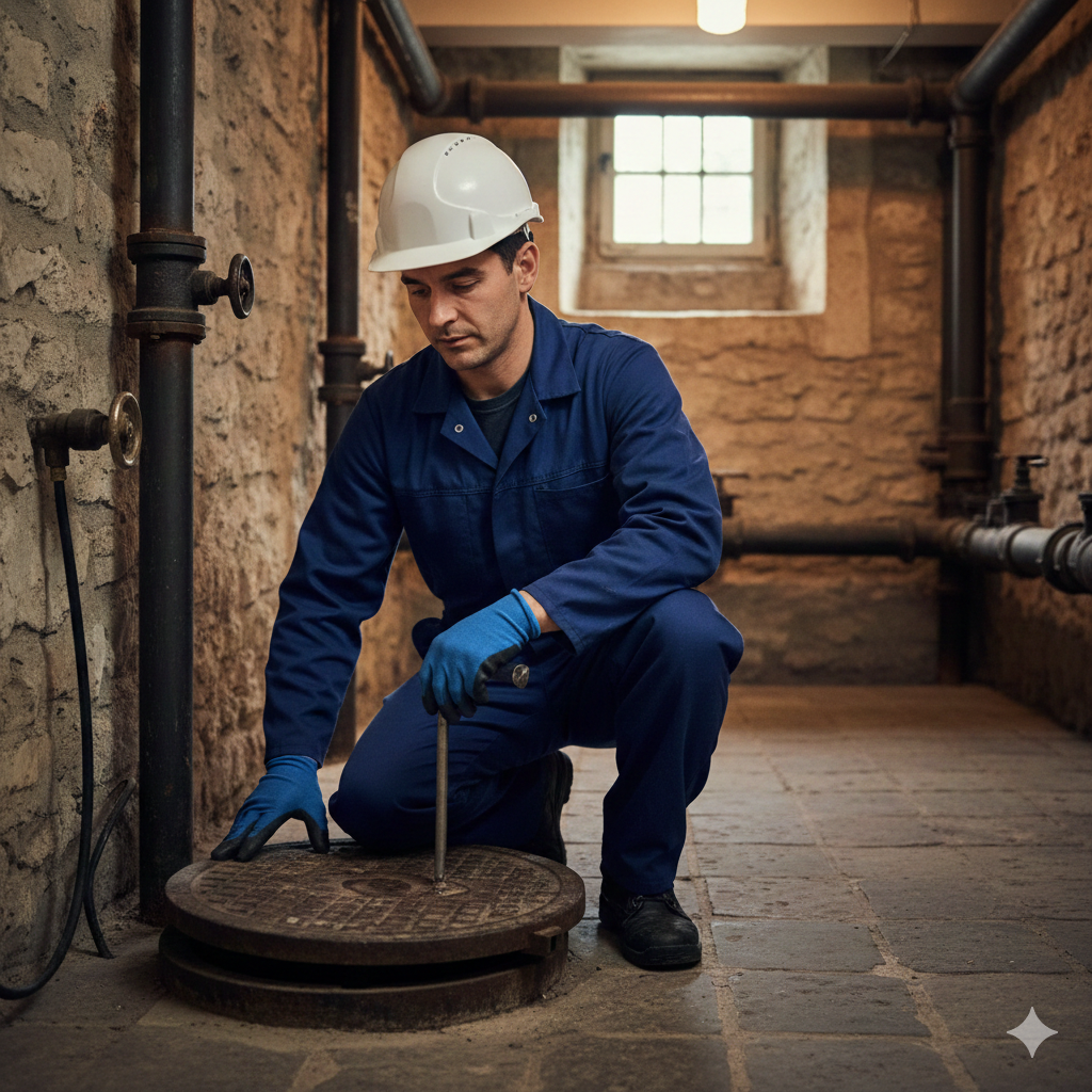 Un homme portant un casque de sécurité, des gants bleus et une tenue de travail bleue, inspecte une bouche d'aération dans une pièce avec des murs en pierre et des tuyaux noirs.