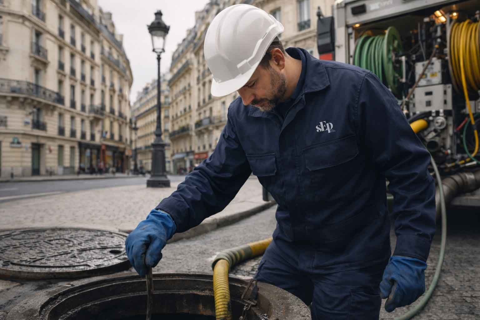 Un homme portant un casque blanc, une veste bleue et des gants bleus inspecte une bouche d'égout dans une rue urbaine. Un véhicule avec des tuyaux de nettoyage en arrière-plan.