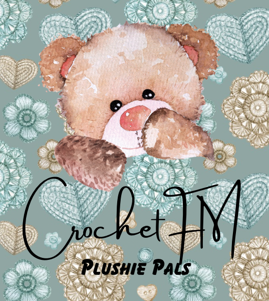 Watercolor illustration of a plush teddy bear with a pink nose and black eyes, surrounded by beige, teal, and cream floral and heart patterns, with the words "Crocket M Plushie Pals" written in black cursive and bold fonts.