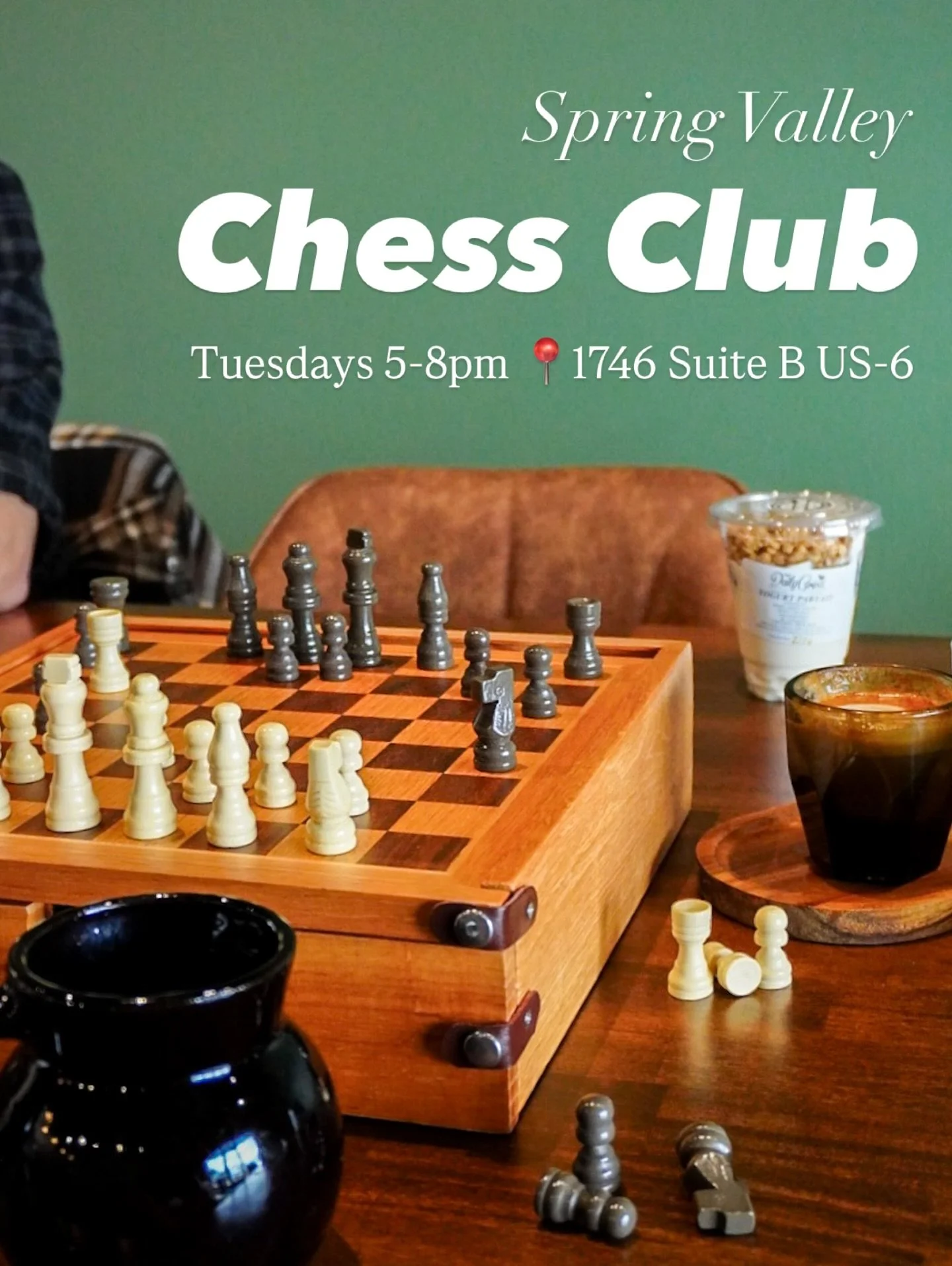 EXCITING NEWS🥳

The Daily Grind will now be a home base for the Spring Valley Chess Club!

It will be held every Tuesday night from 5pm-8pm.

EVERYONE is welcome at the chess board, regardless of age, race, gender, creed, background, etc.

Don&rsquo