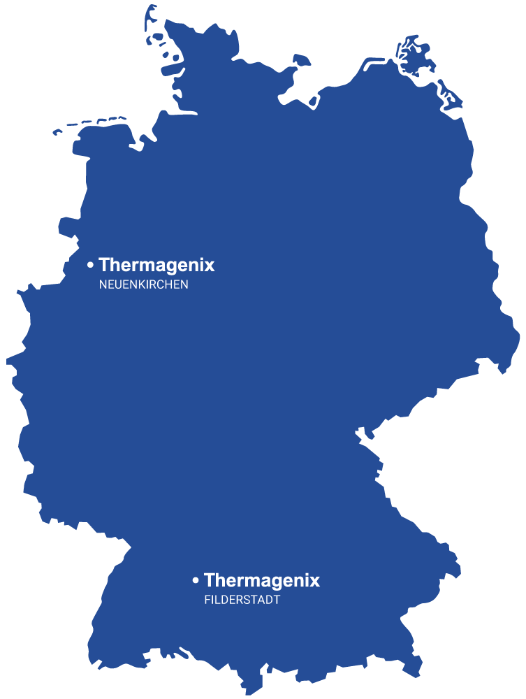 Karte von Deutschland mit markierten Thermagenix Standorten in Neuenkirchen und Filderstadt