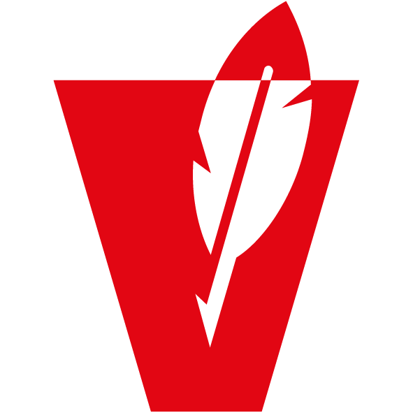 Een logo met een grote rode V en een opvallend zwart teken in het midden.